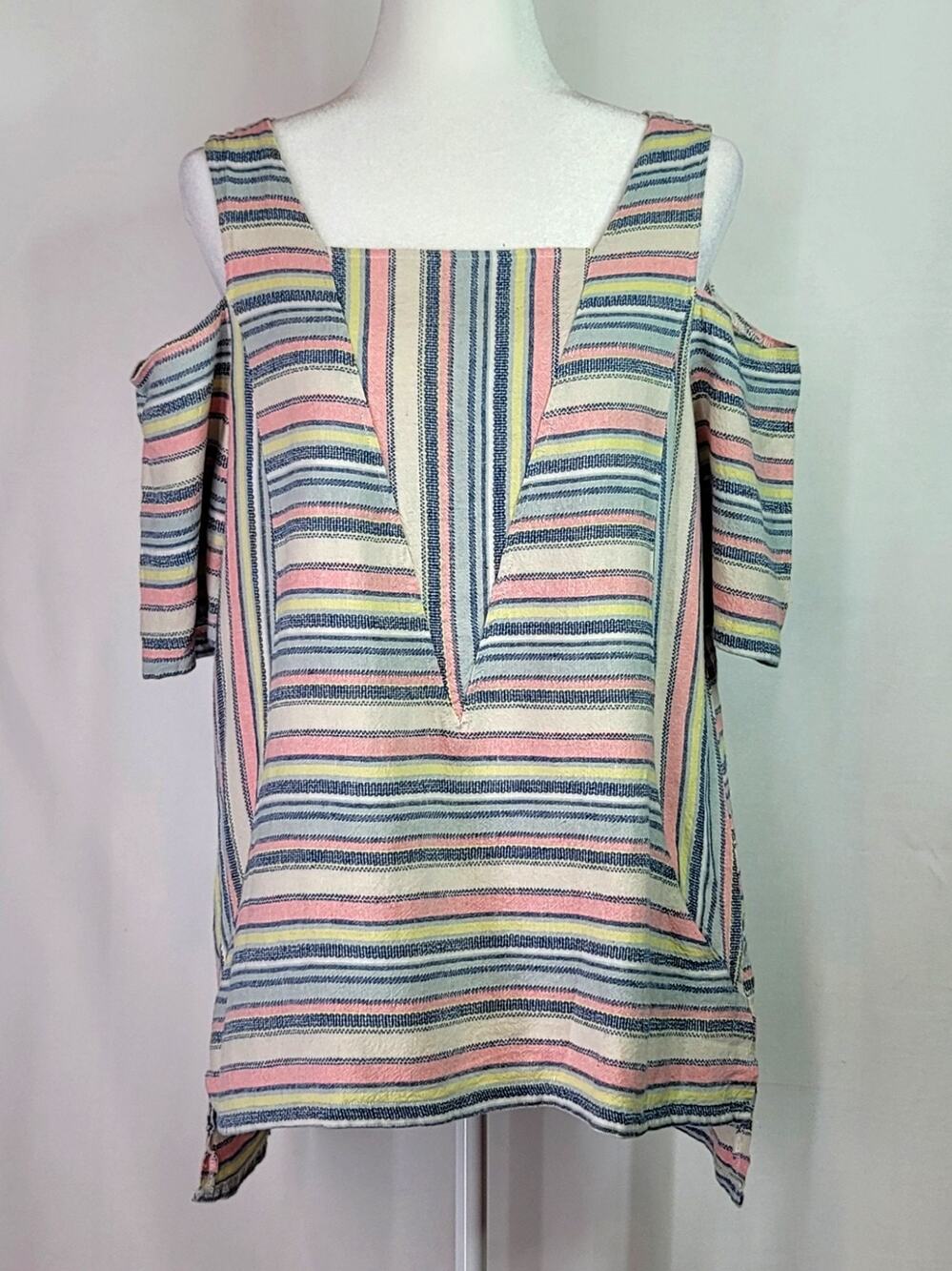 Linen Blend FOR CYNTHIA Pastel Stripe Square Neck Cold Shoulder Top Size XL or L